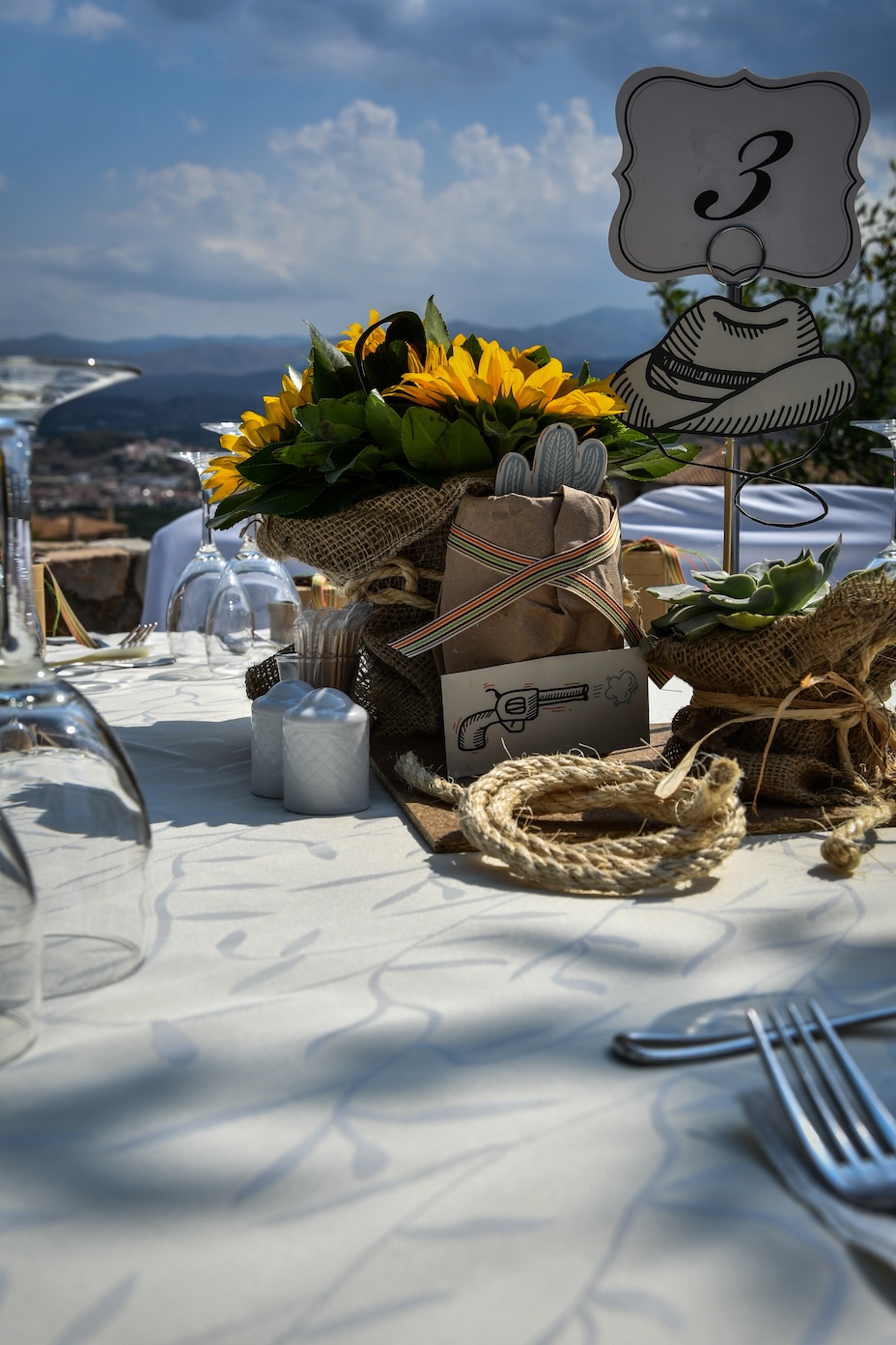 Table decorations set up for a family celebration in the Peloponnese.